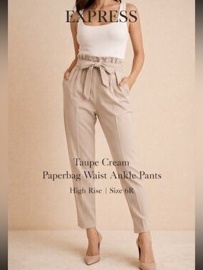 Express Taupe-Cream Paperbag Waist Ankle Pants with Self Tie